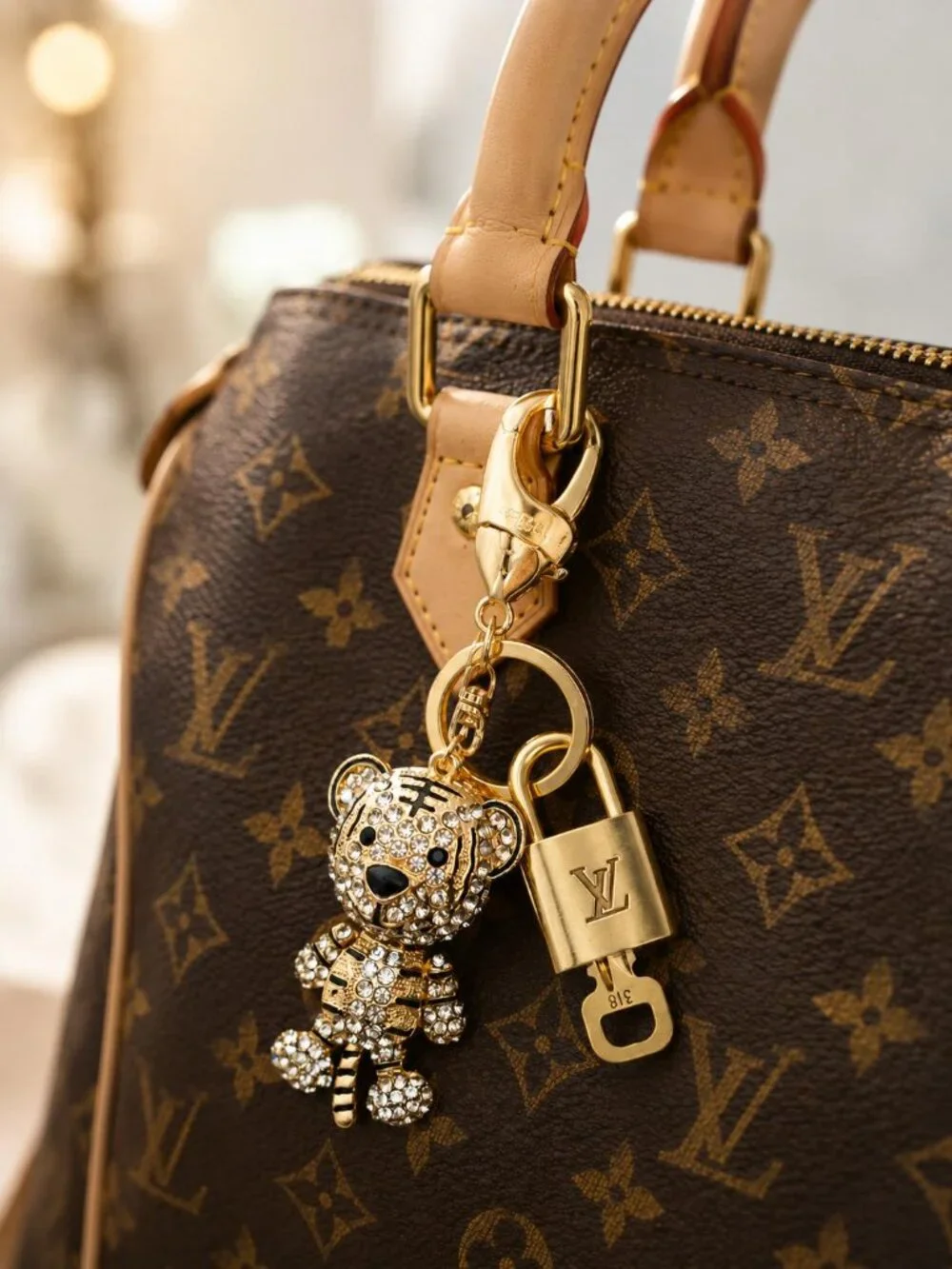Louis Vuitton Authentic Gold Padlock 🔑 Key + Stylish Unbranded Lion Bag Charm